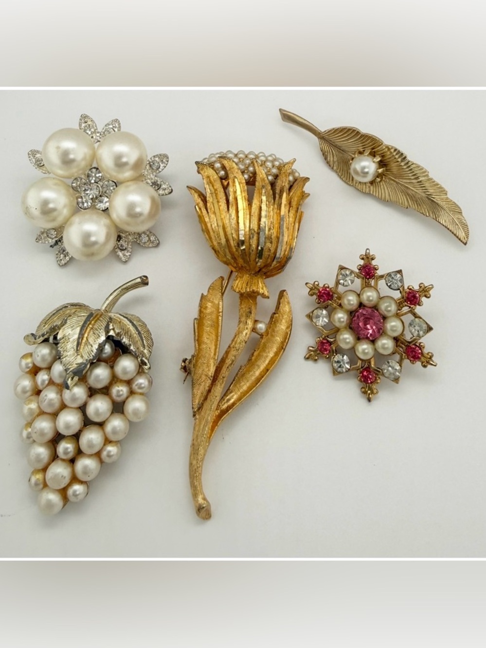 Vintage Estate Flower Brooch Scarf Pin lot Rhinestone Pearl BSK signed designer
